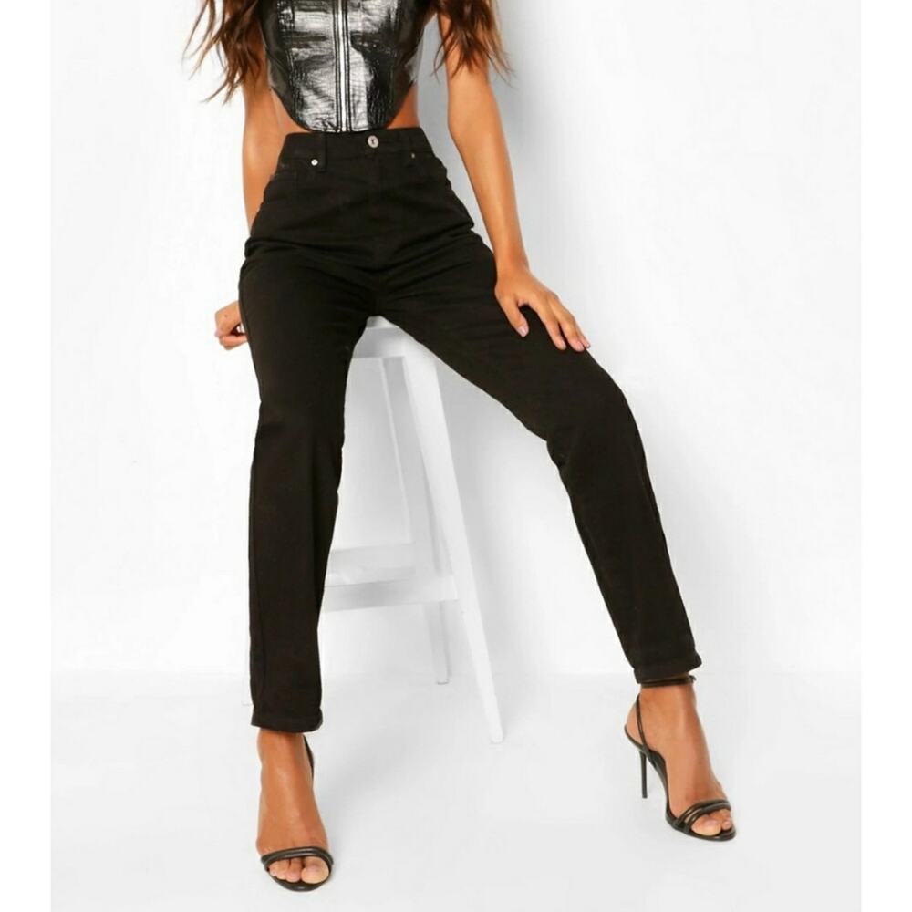 NEW Boohoo Tall Turn Up Cuff Mom Jeans Black Size 4 TALL High Waist 100% Cotton